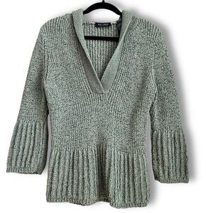 Vintage Axcess Y2K Sage Green Chunky Woven 3/4 Sleeve V neck Sweater w/ hood
